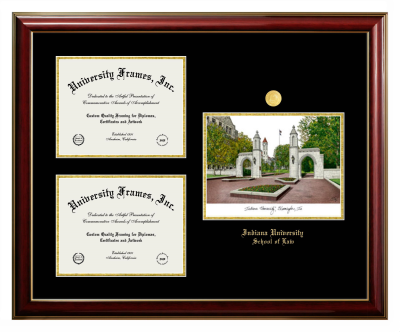 Triple Opening with Campus Image Frame in Classic Mahogany with Gold Trim with Black & Gold Mats for DOCUMENT: 8 1/2"H X 11"W  , DOCUMENT: 8 1/2"H X 11"W  