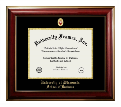 University of Wisconsin (Madison) School of Business Diploma Frame in Classic Mahogany with Gold Trim with Black & Gold Mats for DOCUMENT: 8 1/2"H X 11"W  