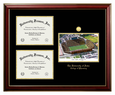 Triple Opening with Campus Image Frame in Classic Mahogany with Gold Trim with Black & Gold Mats for DOCUMENT: 8 1/2"H X 11"W  , DOCUMENT: 8 1/2"H X 11"W  