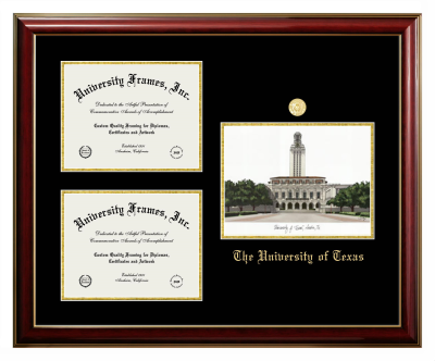 Triple Opening with Campus Image Frame in Classic Mahogany with Gold Trim with Black & Gold Mats for DOCUMENT: 8 1/2"H X 11"W  , DOCUMENT: 8 1/2"H X 11"W  