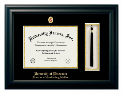 University of Wisconsin (Madison) Division of Continuing Studies Diploma with Tassel Box Frame in Satin Black with Black & Gold Mats for DOCUMENT: 8 1/2"H X 11"W  