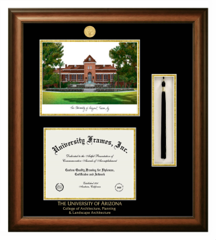 Double Opening with Campus Image & Tassel Box (Stacked) Frame in Satin Walnut with Black & Gold Mats for DOCUMENT: 8 1/2"H X 11"W  