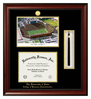 Double Opening with Campus Image & Tassel Box (Stacked) Frame in Avalon Mahogany with Black & Gold Mats for DOCUMENT: 8 1/2"H X 11"W  