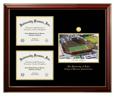 Triple Opening with Campus Image Frame in Classic Mahogany with Gold Trim with Black & Gold Mats for DOCUMENT: 8 1/2"H X 11"W  , DOCUMENT: 8 1/2"H X 11"W  