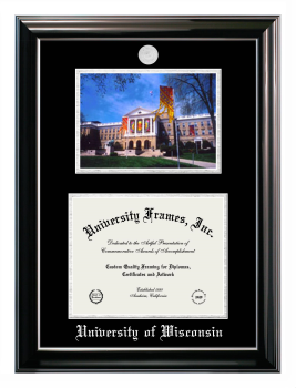 Double Opening with Campus Image (Stacked) Frame in Classic Ebony with Silver Trim with Black & Silver Mats for DOCUMENT: 8 1/2"H X 11"W  