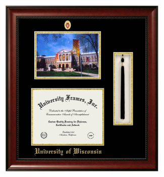 Double Opening with Campus Image & Tassel Box (Stacked) Frame in Avalon Mahogany with Black & Gold Mats for DOCUMENT: 8 1/2"H X 11"W  