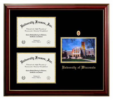 Triple Opening with Campus Image Frame in Classic Mahogany with Gold Trim with Black & Gold Mats for DOCUMENT: 8 1/2"H X 11"W  , DOCUMENT: 8 1/2"H X 11"W  