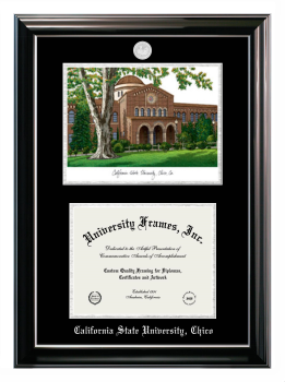 Double Opening with Campus Image (Stacked) Frame in Classic Ebony with Silver Trim with Black & Silver Mats for DOCUMENT: 8 1/2"H X 11"W  