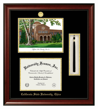 Double Opening with Campus Image & Tassel Box (Stacked) Frame in Avalon Mahogany with Black & Gold Mats for DOCUMENT: 8 1/2"H X 11"W  