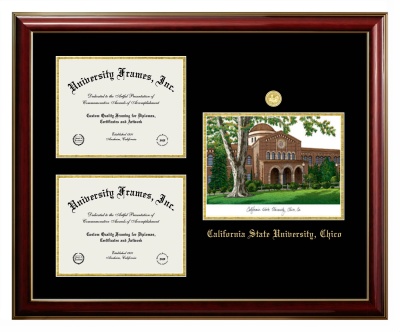 Triple Opening with Campus Image Frame in Classic Mahogany with Gold Trim with Black & Gold Mats for DOCUMENT: 8 1/2"H X 11"W  , DOCUMENT: 8 1/2"H X 11"W  