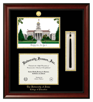 Double Opening with Campus Image & Tassel Box (Stacked) Frame in Avalon Mahogany with Black & Gold Mats for DOCUMENT: 8 1/2"H X 11"W  