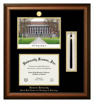 Double Opening with Campus Image & Tassel Box (Stacked) Frame in Satin Walnut with Black & Gold Mats for DOCUMENT: 8 1/2"H X 11"W  