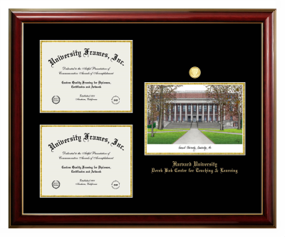 Triple Opening with Campus Image Frame in Classic Mahogany with Gold Trim with Black & Gold Mats for DOCUMENT: 8 1/2"H X 11"W  , DOCUMENT: 8 1/2"H X 11"W  