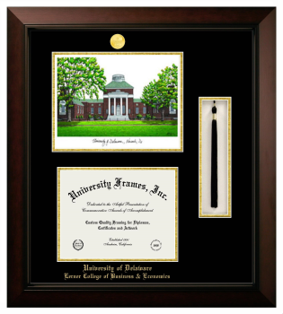 Double Opening with Campus Image & Tassel Box (Stacked) Frame in Legacy Black Cherry with Black & Gold Mats for DOCUMENT: 8 1/2"H X 11"W  