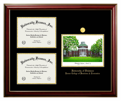 Triple Opening with Campus Image Frame in Classic Mahogany with Gold Trim with Black & Gold Mats for DOCUMENT: 8 1/2"H X 11"W  , DOCUMENT: 8 1/2"H X 11"W  