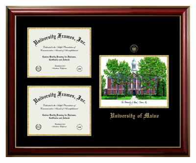 Triple Opening with Campus Image Frame in Classic Mahogany with Gold Trim with Black & Gold Mats for DOCUMENT: 8 1/2"H X 11"W  , DOCUMENT: 8 1/2"H X 11"W  