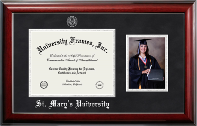 Diploma with 5 x 7 Portrait Frame in Classic Mahogany with Silver Trim with Black Suede & Silver Mats for DOCUMENT: 8 1/2"H X 11"W  