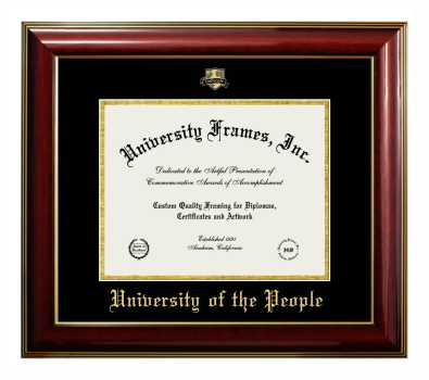 University of the People Diploma Frame in Classic Mahogany with Gold Trim with Black & Gold Mats for DOCUMENT: 8 1/2"H X 11"W  