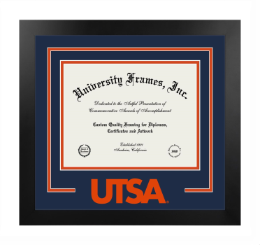 Logo Mat Frame in Manhattan Black with Navy Blue & Orange Mats for DOCUMENT: 8 1/2"H X 11"W  