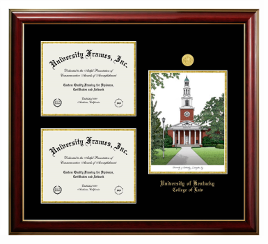 Triple Opening with Campus Image Frame in Classic Mahogany with Gold Trim with Black & Gold Mats for DOCUMENT: 8 1/2"H X 11"W  , DOCUMENT: 8 1/2"H X 11"W  