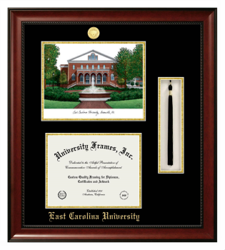 East Carolina University Double Opening with Campus Image & Tassel Box (Stacked) Frame in Avalon Mahogany with Black & Gold Mats for DOCUMENT: 8 1/2"H X 11"W  