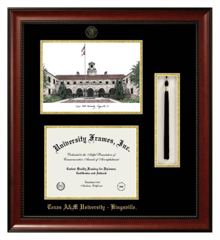 Double Opening with Campus Image & Tassel Box (Stacked) Frame in Avalon Mahogany with Black & Gold Mats for DOCUMENT: 8 1/2"H X 11"W  