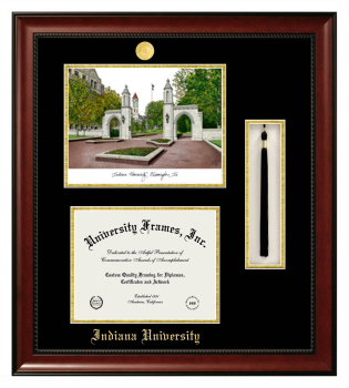 Double Opening with Campus Image & Tassel Box (Stacked) Frame in Avalon Mahogany with Black & Gold Mats for DOCUMENT: 8 1/2"H X 11"W  