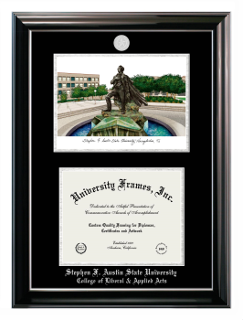 Double Opening with Campus Image (Stacked) Frame in Classic Ebony with Silver Trim with Black & Silver Mats for DOCUMENT: 8 1/2"H X 11"W  