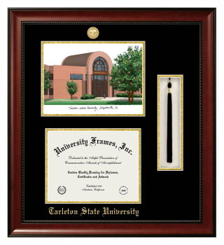 Double Opening with Campus Image & Tassel Box (Stacked) Frame in Avalon Mahogany with Black & Gold Mats for DOCUMENT: 8 1/2"H X 11"W  