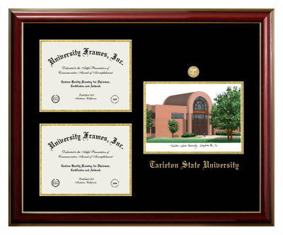 Triple Opening with Campus Image Frame in Classic Mahogany with Gold Trim with Black & Gold Mats for DOCUMENT: 8 1/2"H X 11"W  , DOCUMENT: 8 1/2"H X 11"W  