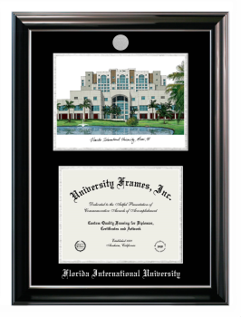 Double Opening with Campus Image (Stacked) Frame in Classic Ebony with Silver Trim with Black & Silver Mats for DOCUMENT: 8 1/2"H X 11"W  