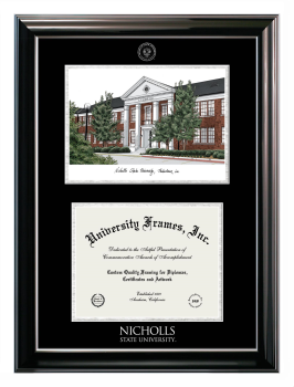 Double Opening with Campus Image (Stacked) Frame in Classic Ebony with Silver Trim with Black & Silver Mats for DOCUMENT: 8 1/2"H X 11"W  