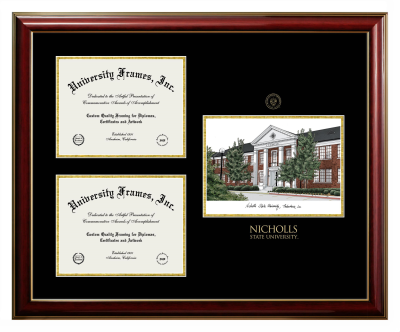 Triple Opening with Campus Image Frame in Classic Mahogany with Gold Trim with Black & Gold Mats for DOCUMENT: 8 1/2"H X 11"W  , DOCUMENT: 8 1/2"H X 11"W  