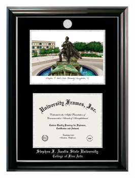 Double Opening with Campus Image (Stacked) Frame in Classic Ebony with Silver Trim with Black & Silver Mats for DOCUMENT: 8 1/2"H X 11"W  