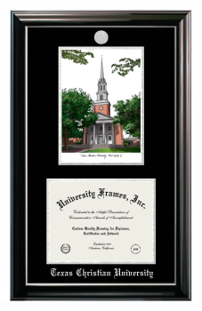 Double Opening with Campus Image (Stacked) Frame in Classic Ebony with Silver Trim with Black & Silver Mats for DOCUMENT: 8 1/2"H X 11"W  