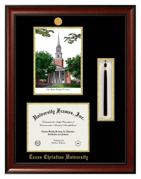 Double Opening with Campus Image & Tassel Box (Stacked) Frame in Avalon Mahogany with Black & Gold Mats for DOCUMENT: 8 1/2"H X 11"W  