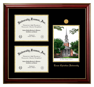 Triple Opening with Campus Image Frame in Classic Mahogany with Gold Trim with Black & Gold Mats for DOCUMENT: 8 1/2"H X 11"W  , DOCUMENT: 8 1/2"H X 11"W  