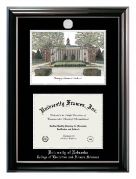 Double Opening with Campus Image (Stacked) Frame in Classic Ebony with Silver Trim with Black & Silver Mats for DOCUMENT: 8 1/2"H X 11"W  