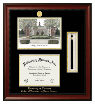 Double Opening with Campus Image & Tassel Box (Stacked) Frame in Avalon Mahogany with Black & Gold Mats for DOCUMENT: 8 1/2"H X 11"W  