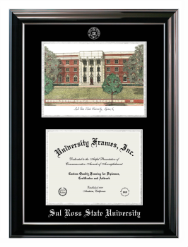 Double Opening with Campus Image (Stacked) Frame in Classic Ebony with Silver Trim with Black & Silver Mats for DOCUMENT: 8 1/2"H X 11"W  