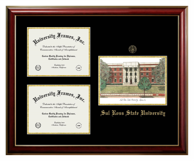 Triple Opening with Campus Image Frame in Classic Mahogany with Gold Trim with Black & Gold Mats for DOCUMENT: 8 1/2"H X 11"W  , DOCUMENT: 8 1/2"H X 11"W  