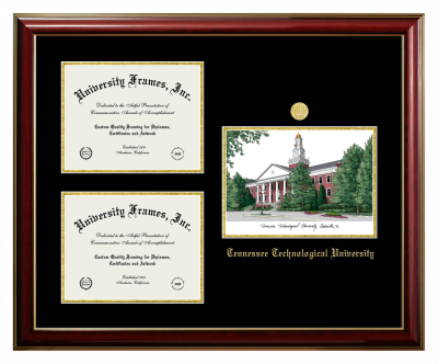 Triple Opening with Campus Image Frame in Classic Mahogany with Gold Trim with Black & Gold Mats for DOCUMENT: 8 1/2"H X 11"W  , DOCUMENT: 8 1/2"H X 11"W  