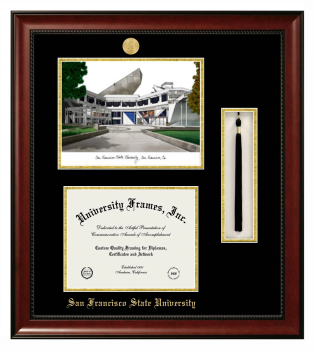 Double Opening with Campus Image & Tassel Box (Stacked) Frame in Avalon Mahogany with Black & Gold Mats for DOCUMENT: 8 1/2"H X 11"W  