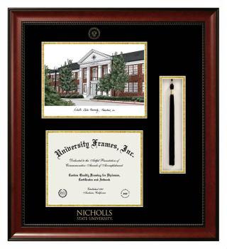 Double Opening with Campus Image & Tassel Box (Stacked) Frame in Avalon Mahogany with Black & Gold Mats for DOCUMENT: 8 1/2"H X 11"W  