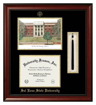 Double Opening with Campus Image & Tassel Box (Stacked) Frame in Avalon Mahogany with Black & Gold Mats for DOCUMENT: 8 1/2"H X 11"W  