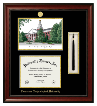 Double Opening with Campus Image & Tassel Box (Stacked) Frame in Avalon Mahogany with Black & Gold Mats for DOCUMENT: 8 1/2"H X 11"W  