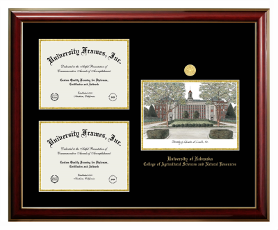 Triple Opening with Campus Image Frame in Classic Mahogany with Gold Trim with Black & Gold Mats for DOCUMENT: 8 1/2"H X 11"W  , DOCUMENT: 8 1/2"H X 11"W  