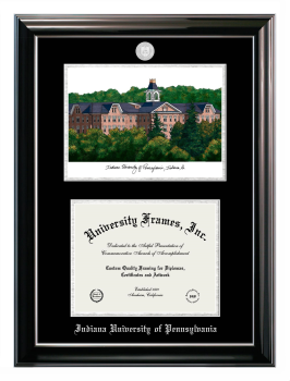 Indiana University of Pennsylvania Double Opening with Campus Image (Stacked) Frame in Classic Ebony with Silver Trim with Black & Silver Mats for DOCUMENT: 8 1/2"H X 11"W  