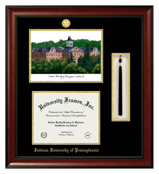 Double Opening with Campus Image & Tassel Box (Stacked) Frame in Avalon Mahogany with Black & Gold Mats for DOCUMENT: 8 1/2"H X 11"W  