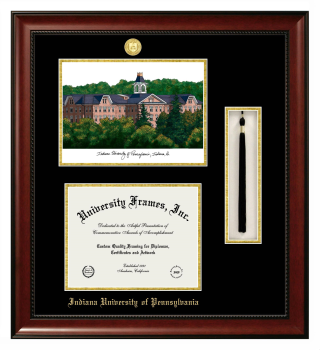 Indiana University of Pennsylvania Double Opening with Campus Image & Tassel Box (Stacked) Frame in Avalon Mahogany with Black & Gold Mats for DOCUMENT: 8 1/2"H X 11"W  